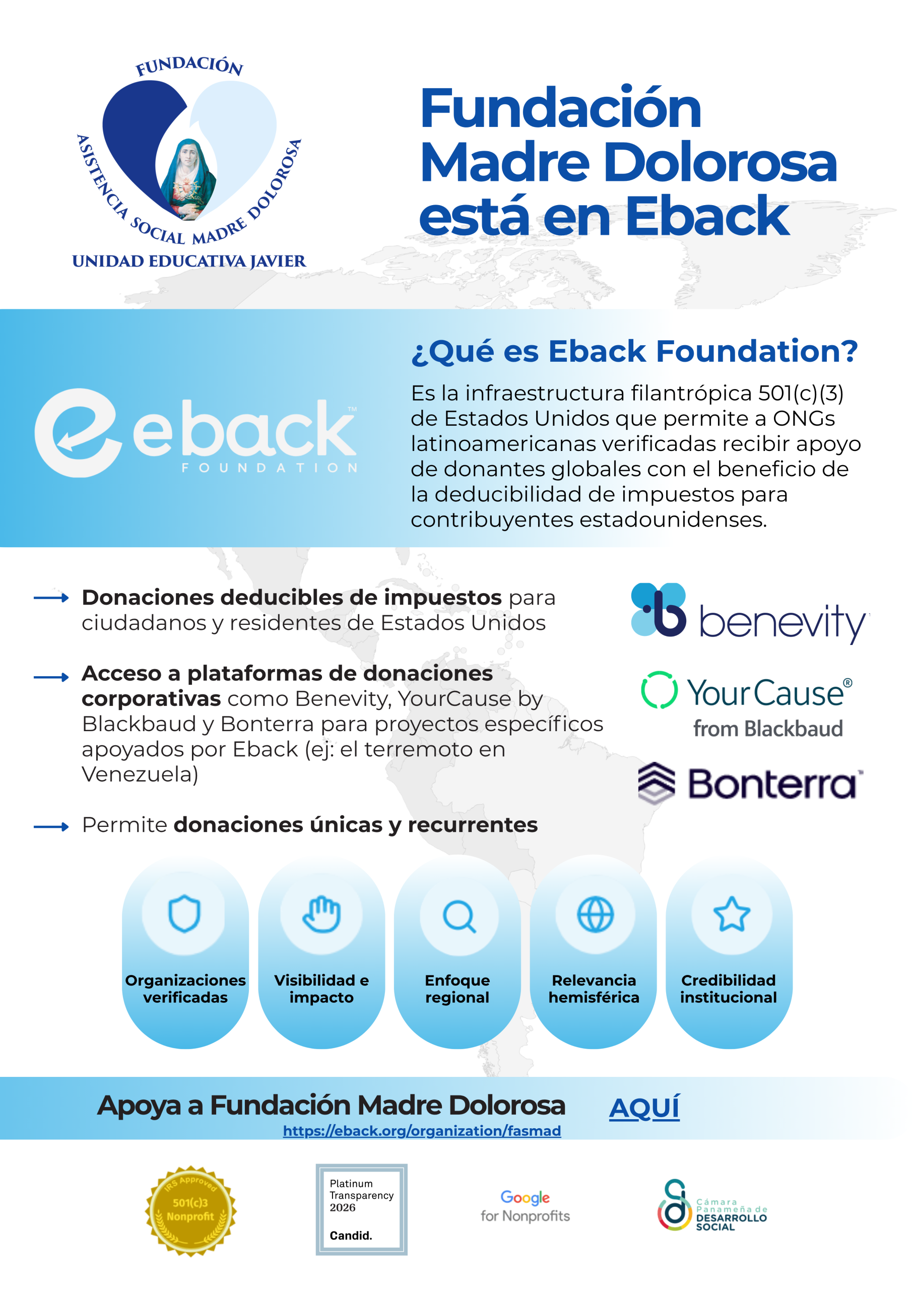 Flyer de Fundación Madre Dolorosa y Eback en español