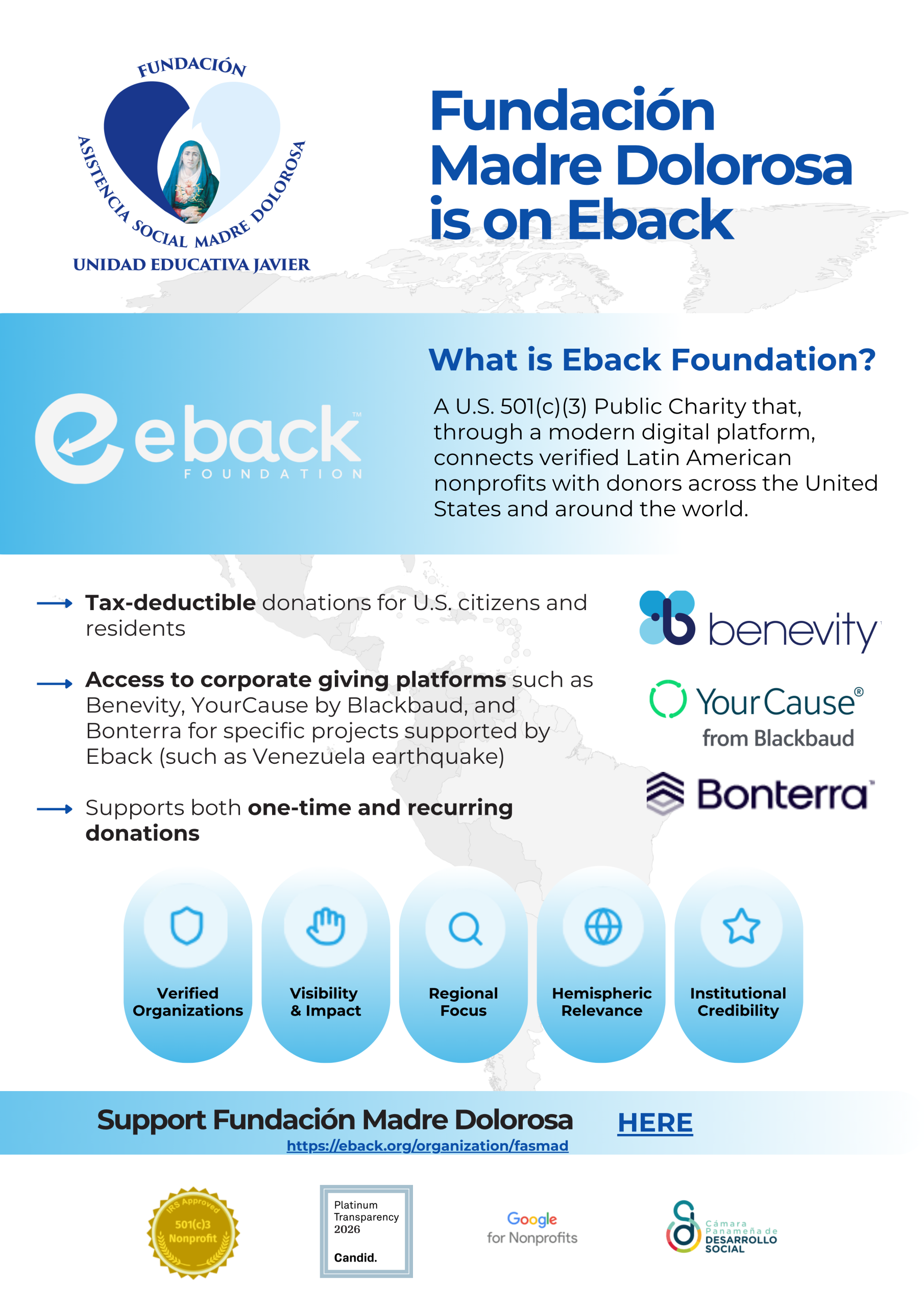 Fundación Madre Dolorosa and Eback flyer in English